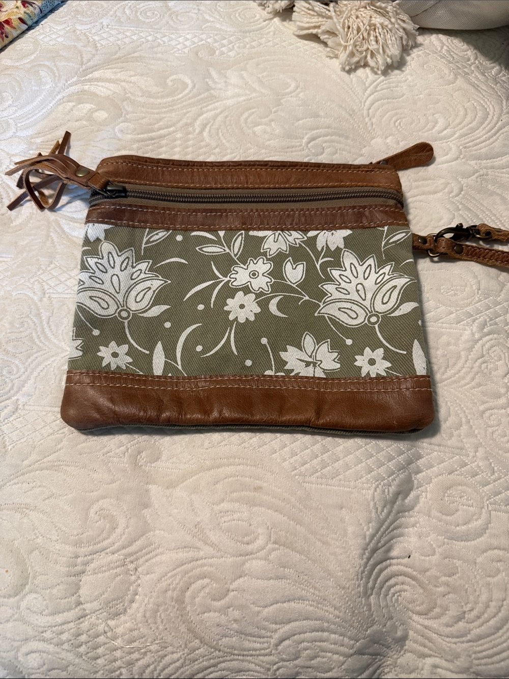 Myra Bag Olive Floral Canvas Wristlet with Brown Leather Trim